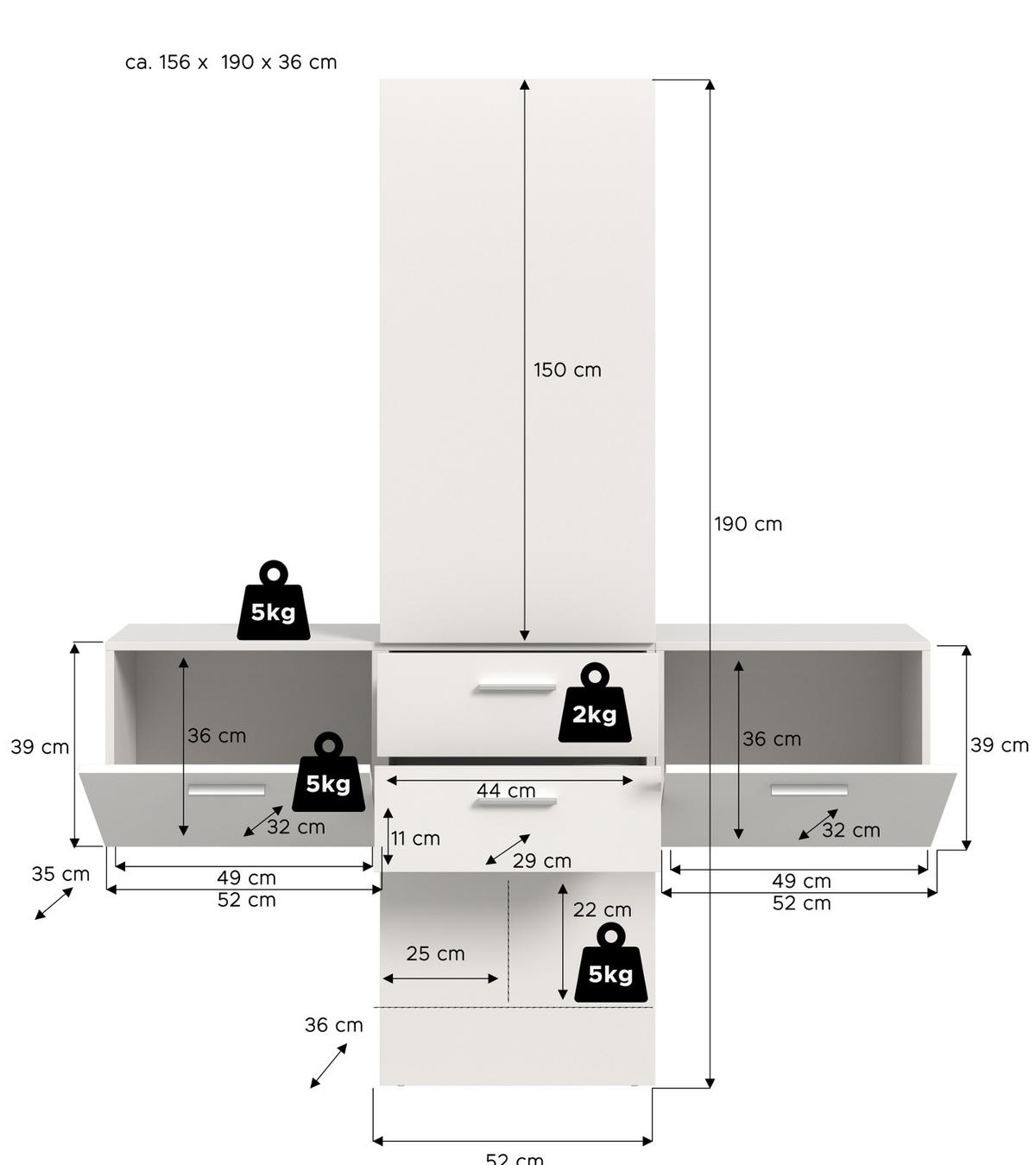 GARDEROBE Set 3-teilig weiß 156 cm, Komplettset mit viel Stauraum - Silberfarben/Weiß, Glas/Holzwerkstoff (156/190/36cm) - Inn.Furn