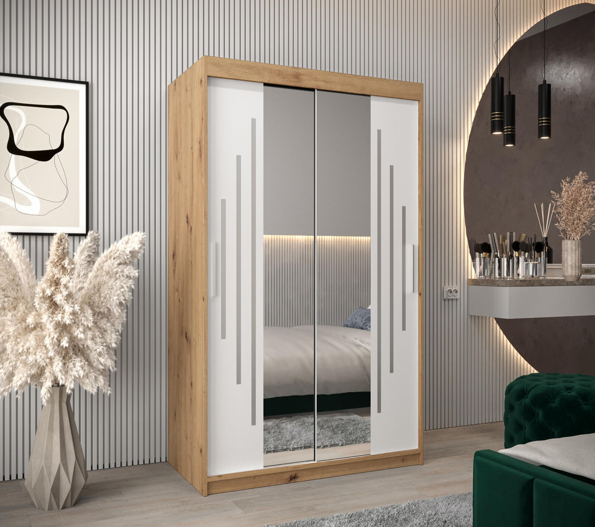 SCHWEBETÜRENSCHRANK 200/120/62 2-türig - Silberfarben/Weiß, Holz/Kunststoff (120/200/62cm) - Abiks Möbel