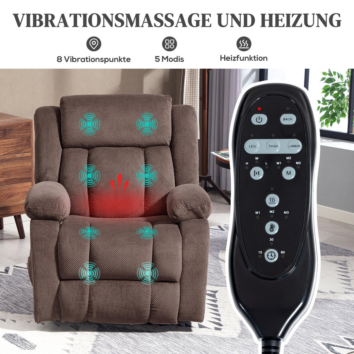 MASSAGESESSEL mit Liegefunktion Vibrationsmassage Braun - Braun, Textil (92/102/92cm) - HOMCOM