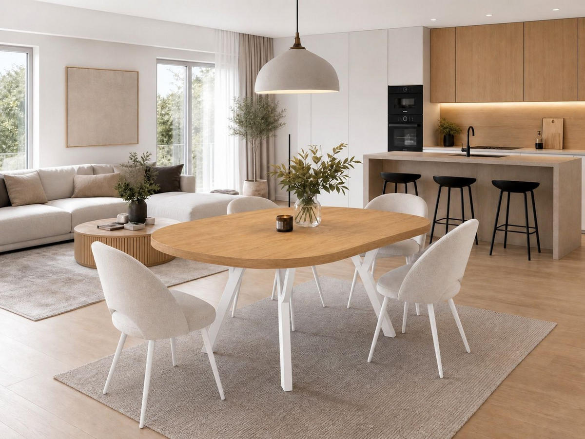 ESSTISCH ausziehbar rund ATO, 100-200 cm, Dekor Craft, weiße Holzbeine - Weiß/Braun, Holzwerkstoff/Buchenholz (100/100/77cm) - VENASI MÖBEL