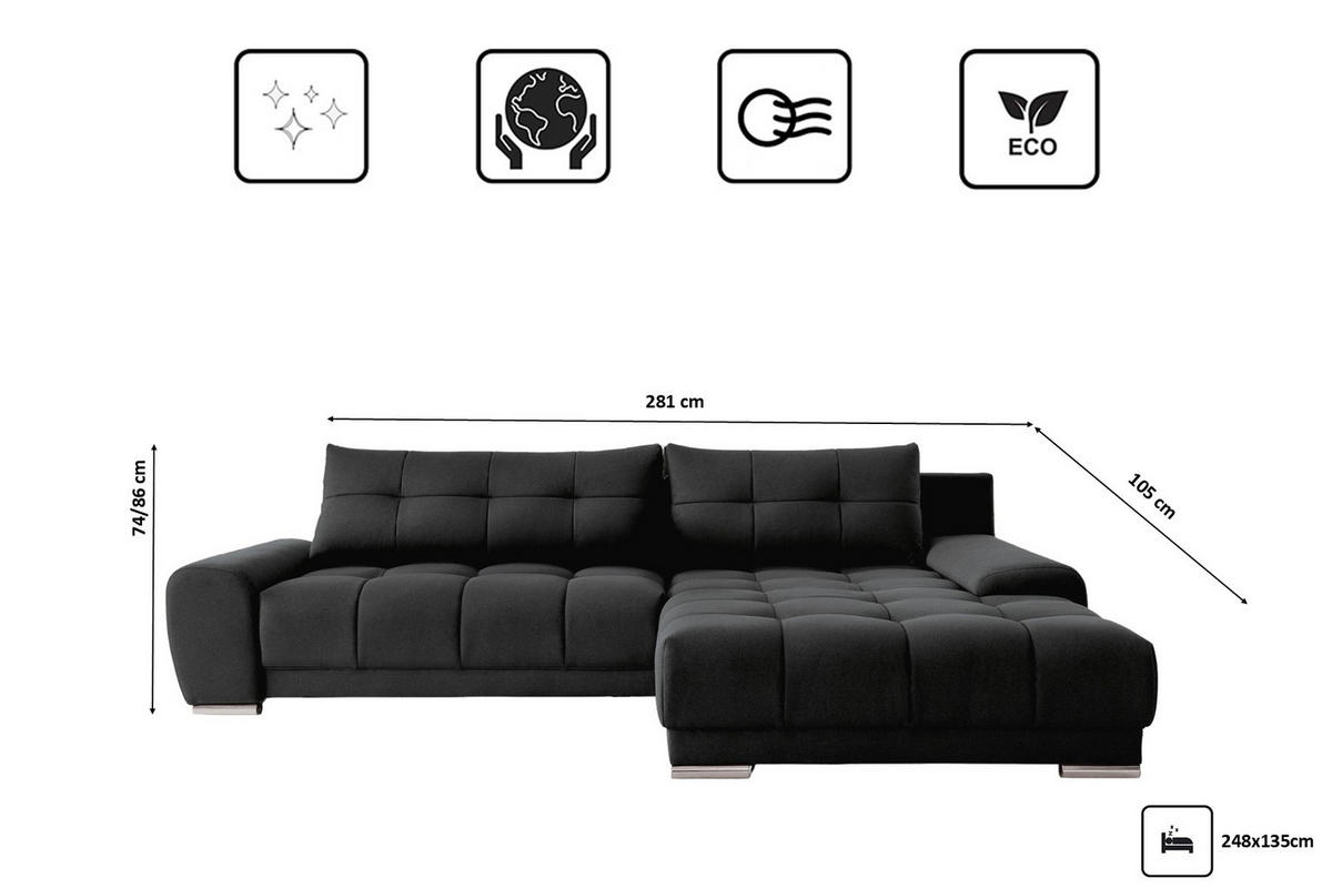 ECKSOFA WAVE Mit Schlaffunktion, Stoff SORO, Schwarz Rechts - Schwarz, Holz (281/105cm) - Kaiser Möbel
