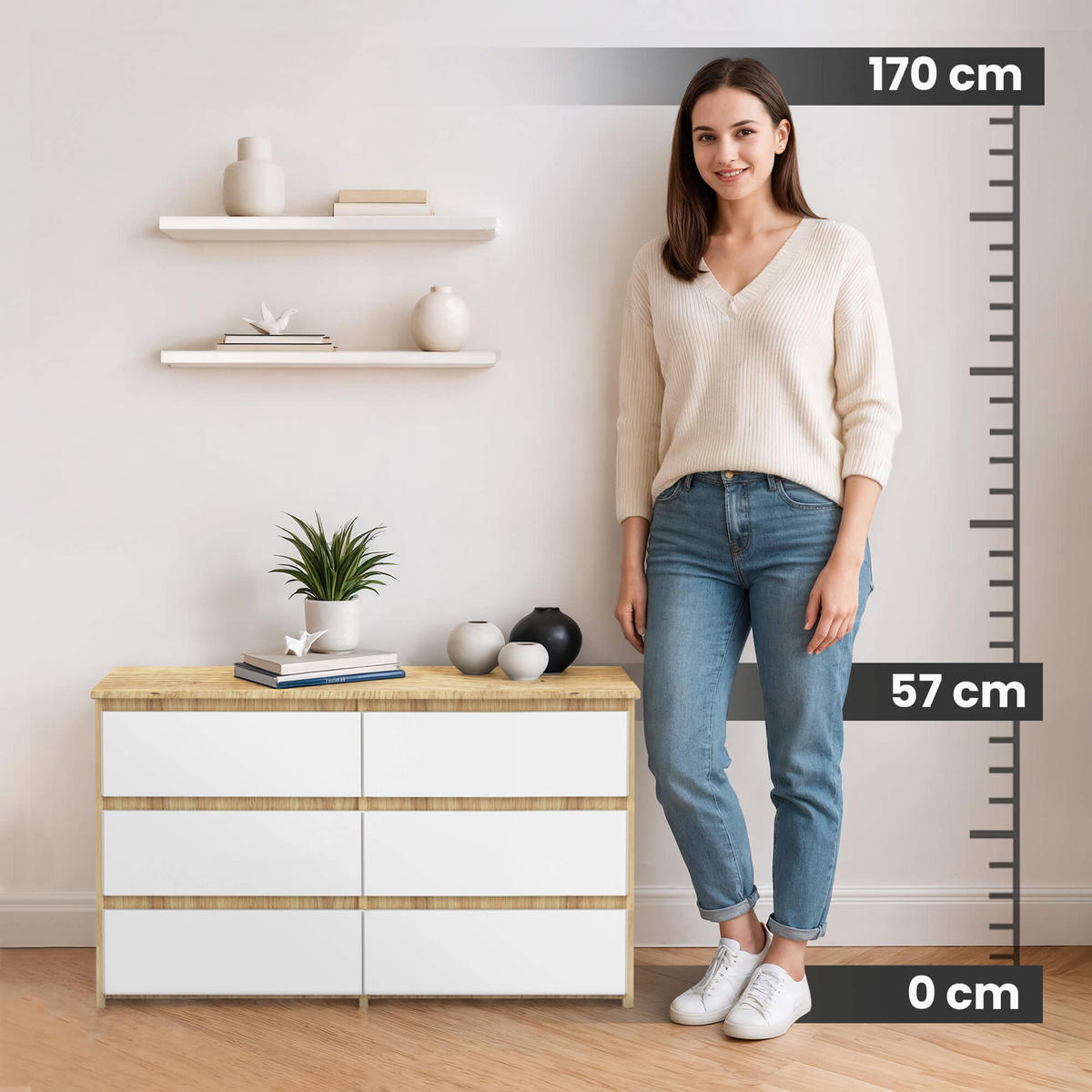 KOMMODE Eiche Artisan, Weiß 35x100x57 cm - Eiche Artisan/Weiß, Holzwerkstoff (100/57/35cm) - Akord