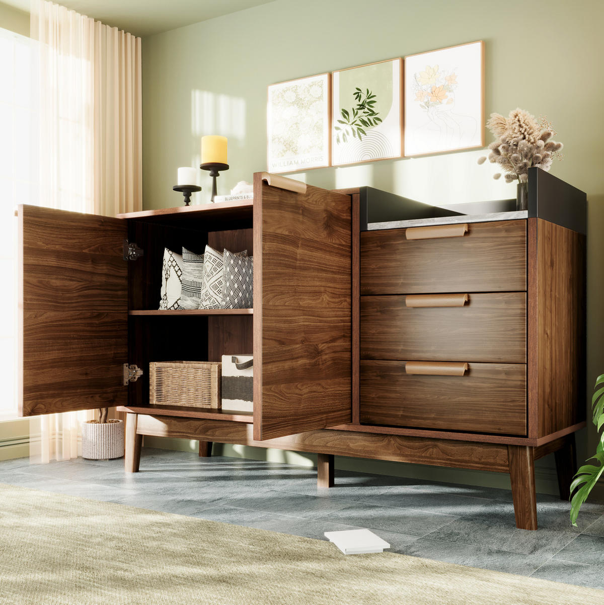 SIDEBOARD in dunkler Eiche mit Marmor-Optik Platte, 3 Schubladen und Doppeltürschrank, kehrroboterfähig, 120/40/77 cm, dunkler Eiche - Eichefarben, Holzwerkstoff (120/77/40cm) - Redom