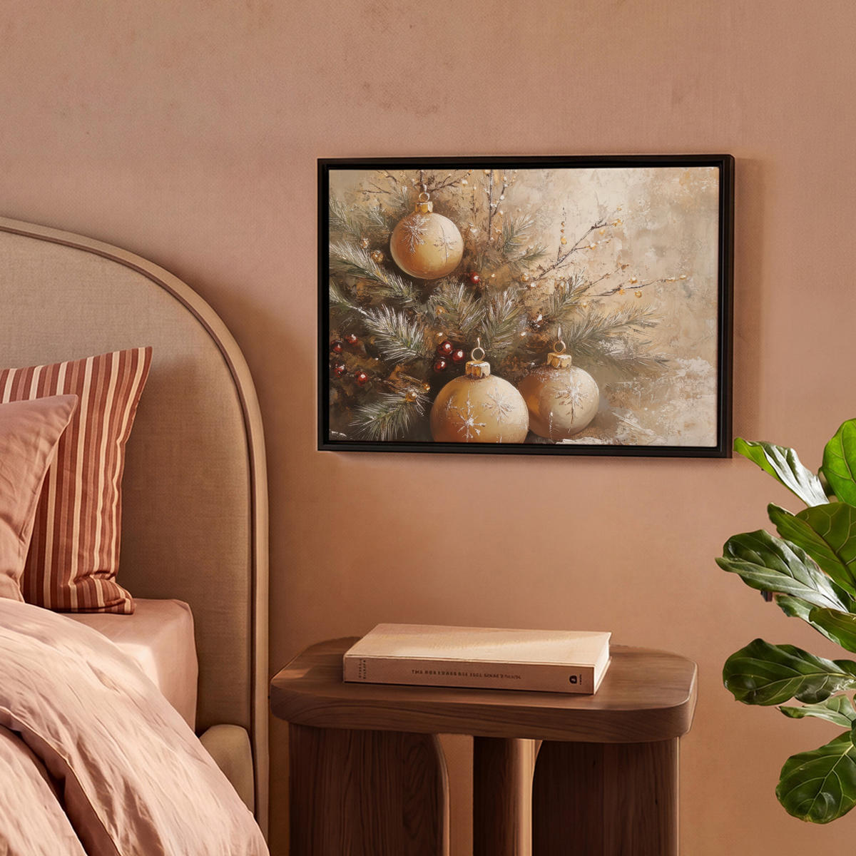 LEINWAND Bilder mit Rahmen - Weihnachten - Kugeln - Beige - Gold - 40x30 - Goldfarben, Textil (40/30cm) - MuchoWow