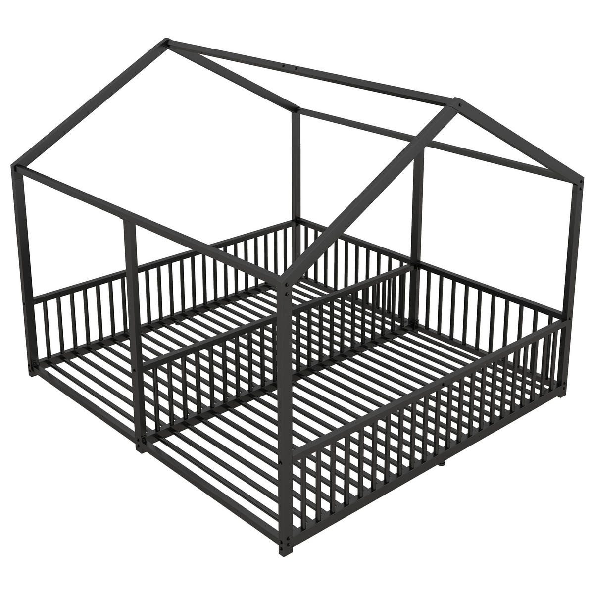 METALLBETT 90/200 cm Schwarz mit Hausform und Geländer - Schwarz, Metall (90/200cm) - OKWISH