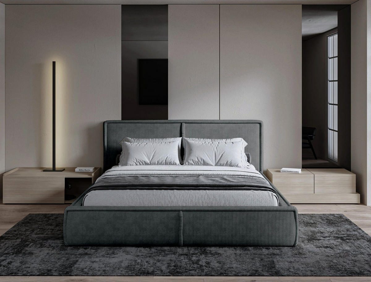 POLSTERBETT CORDO HELLBEIGER CORDSTOFF 160x200 CM - Schwarz/Grau, Kunststoff/Textil (140/200cm) - Selsey