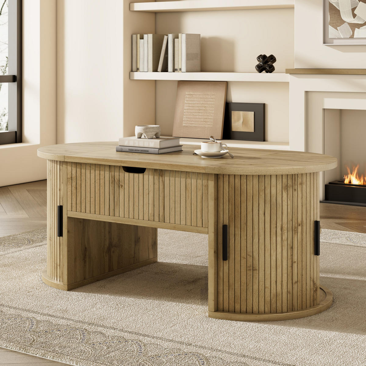 COUCHTISCH höhenverstellbar Stauraum Schiebetüren - Eichefarben, Holz (50/100/40.5cm) - LEBENLANG