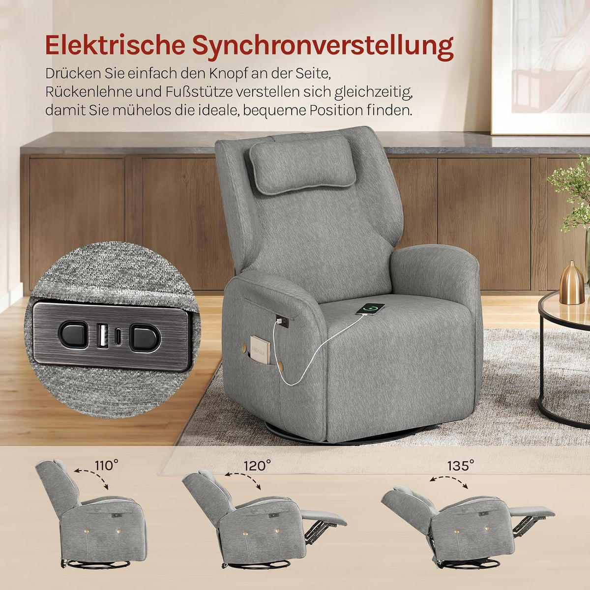 RELAXSESSEL mit Massage, Liegefunktion, Ladeport, Grau - Grau, Kunststoff/Textil (84/97/99cm) - Woltu