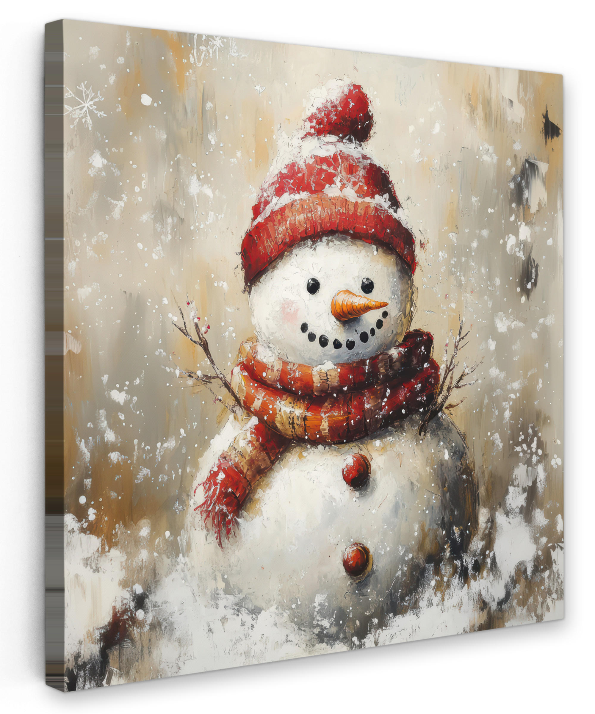 LEINWANDBILD Schneemann - Winter - Schnee - Beige 90x90 cm - Weiß, Textil (90/90cm) - MuchoWow