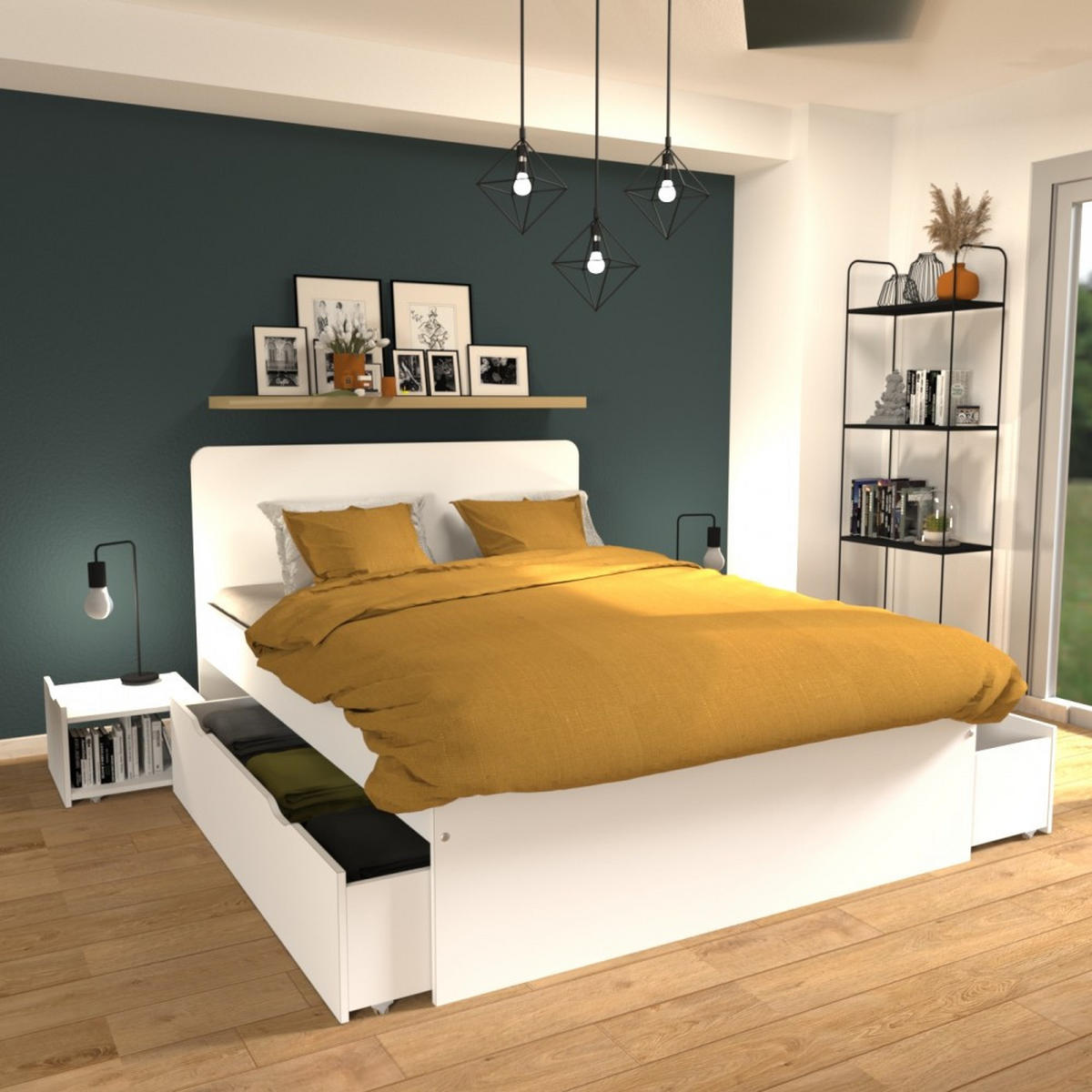 DOPPELBETT ZENIA/ 140X190 + 2 Nachtisch + 2 Schublade- Weiß - Weiß, Holzwerkstoff (140/190cm) - Weber Industries