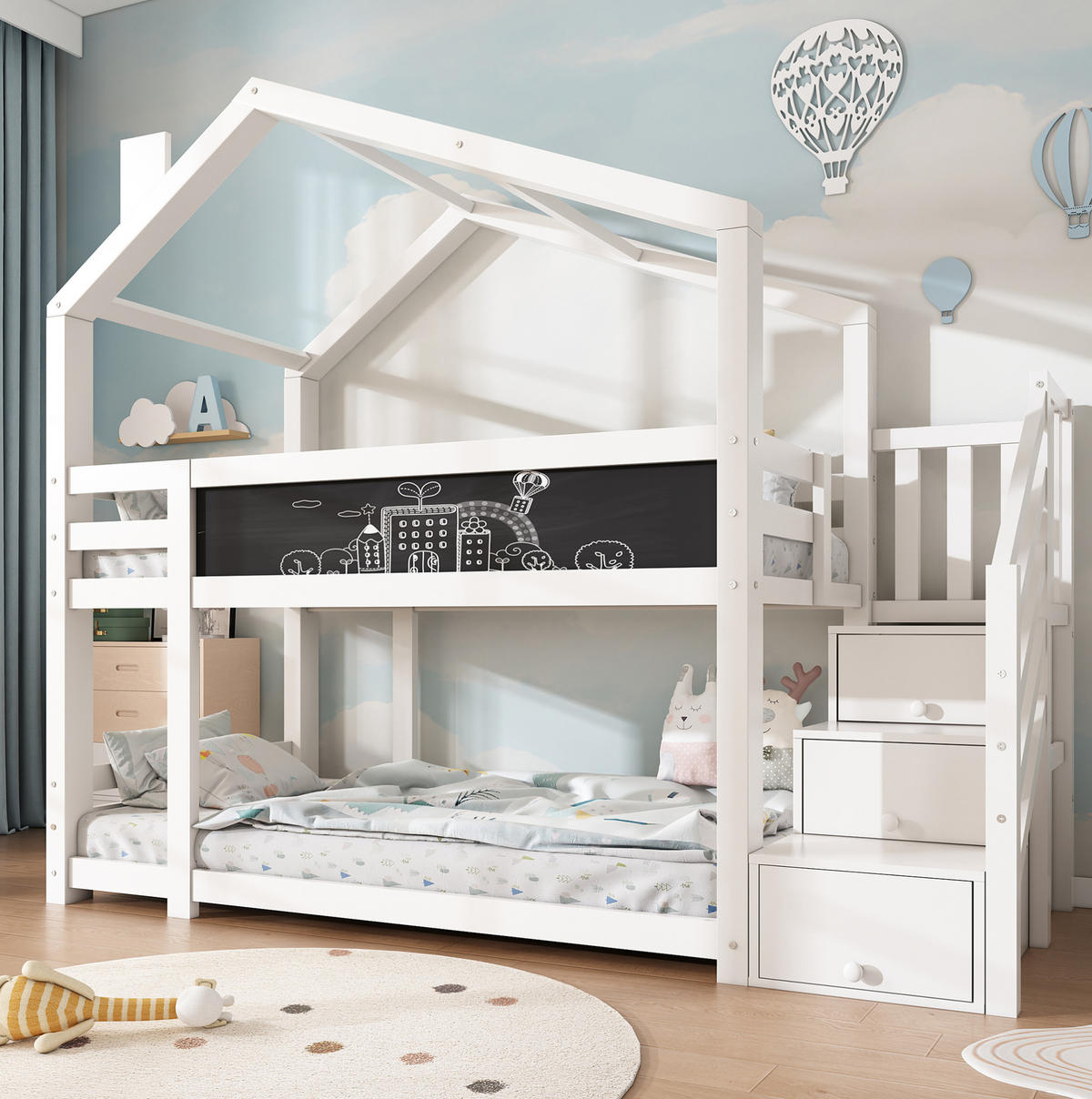 HAUSBETT 90/200 cm in Weiß mit Tafel und Stauraum - Weiß, Holzwerkstoff (90/200cm) - Flora Grace