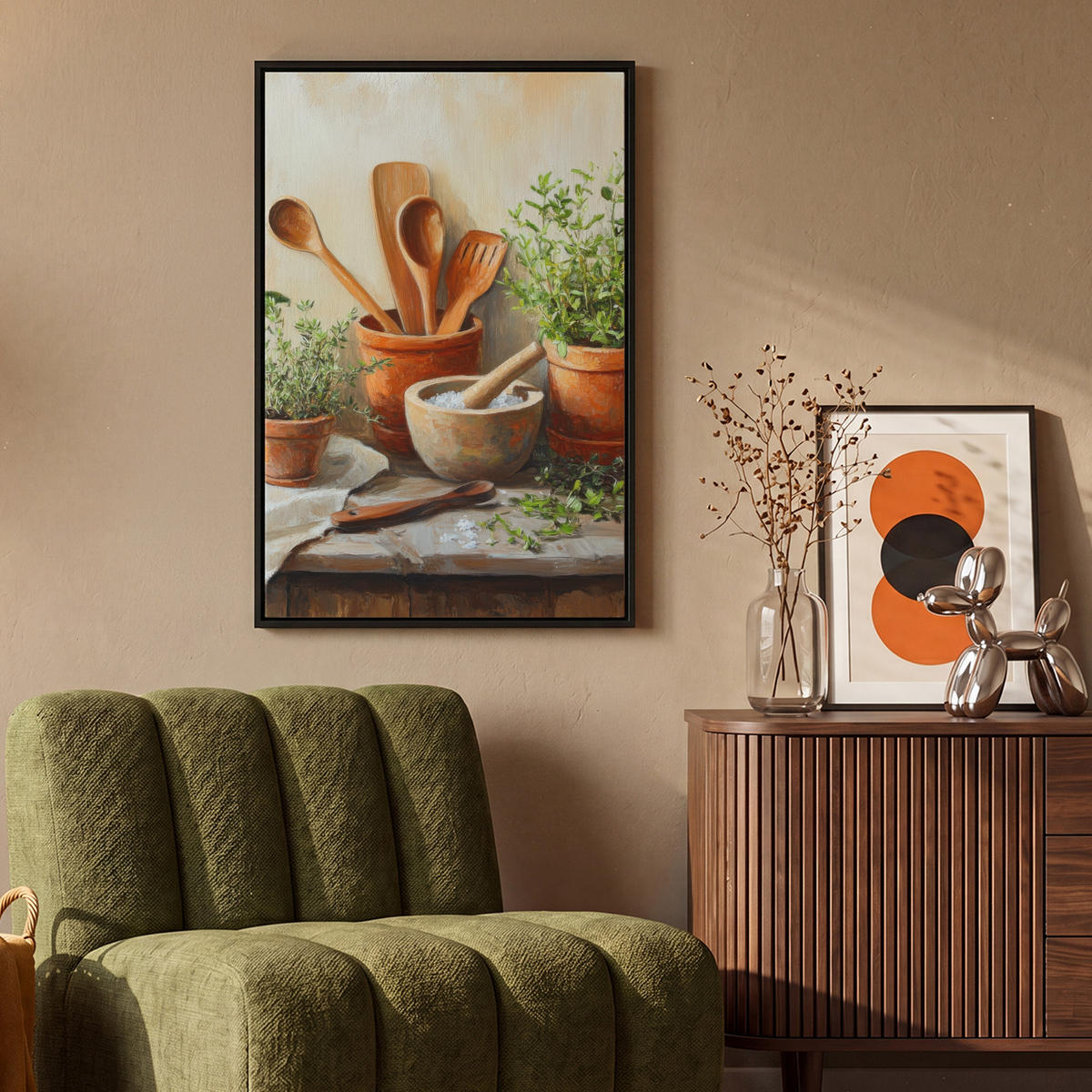 LEINWAND Bilder mit Rahmen - Töpfe - Kräuter - Holz - 60x90 - Terracotta, Textil (60/90cm) - MuchoWow
