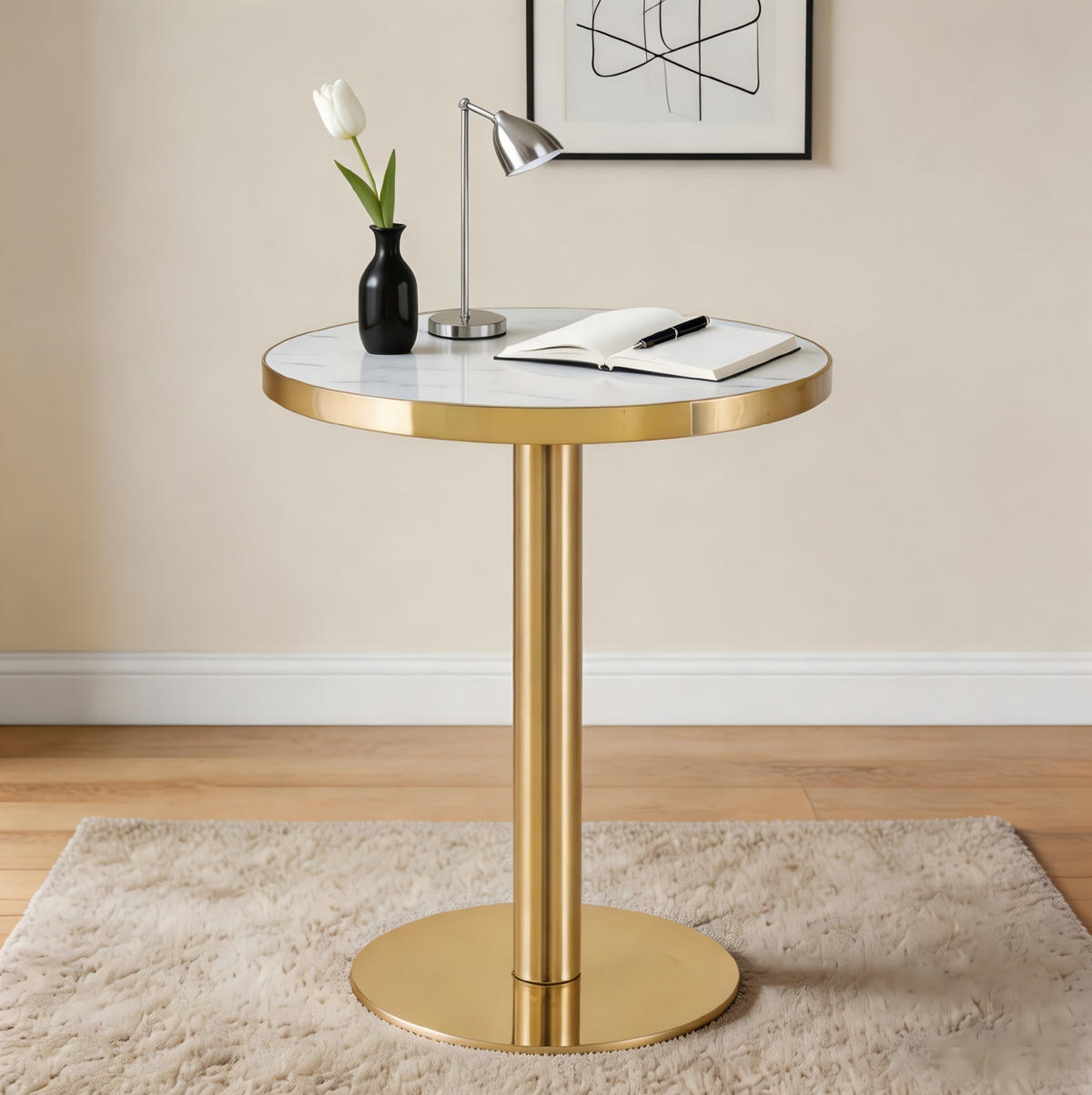 BARTISCH in Weiß|Goldfarben Beistelltisch mit Marmoroptik-Tischplatte und Edelstahlgestell, B60/T60/H74cm - Goldfarben/Weiß, Holzwerkstoff/Metall (60/60/74cm) - STILVORA