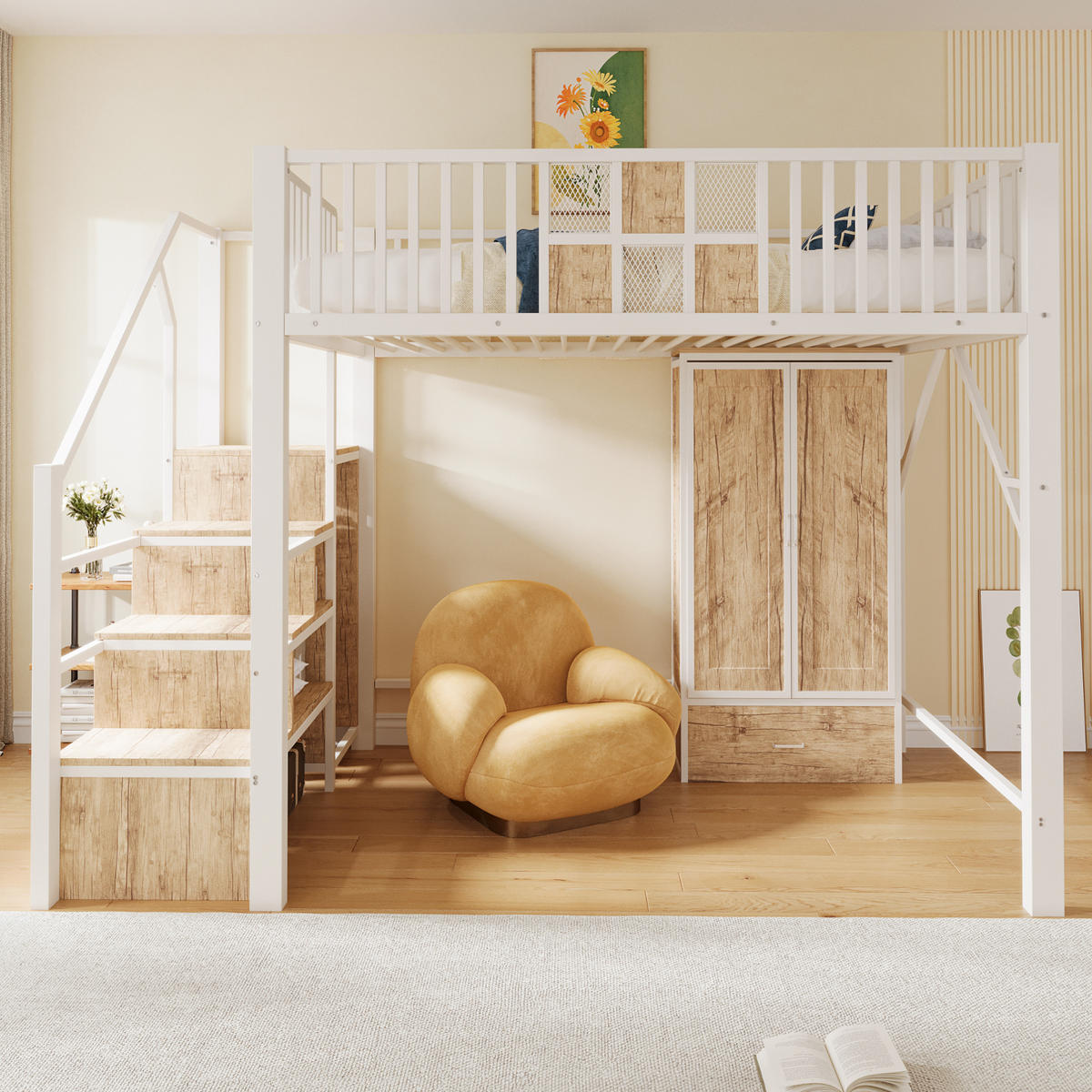 HOCHBETT 140/200 cm in Weiß mit Kleiderschrank, Schublade und Aufbewahrungsleiter aus Metall und Holz - Weiß/Naturfarben, Holzwerkstoff/Metall (140/200cm) - CHICFURN