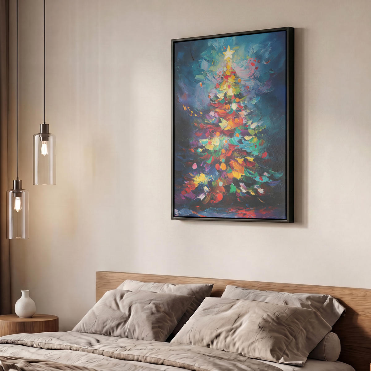 LEINWAND Bilder mit Rahmen - Weihnachtsbaum - Weihnachten - Abstrakt - Farbenfroh - 60x80 - Multicolor, Textil (60/80cm) - MuchoWow
