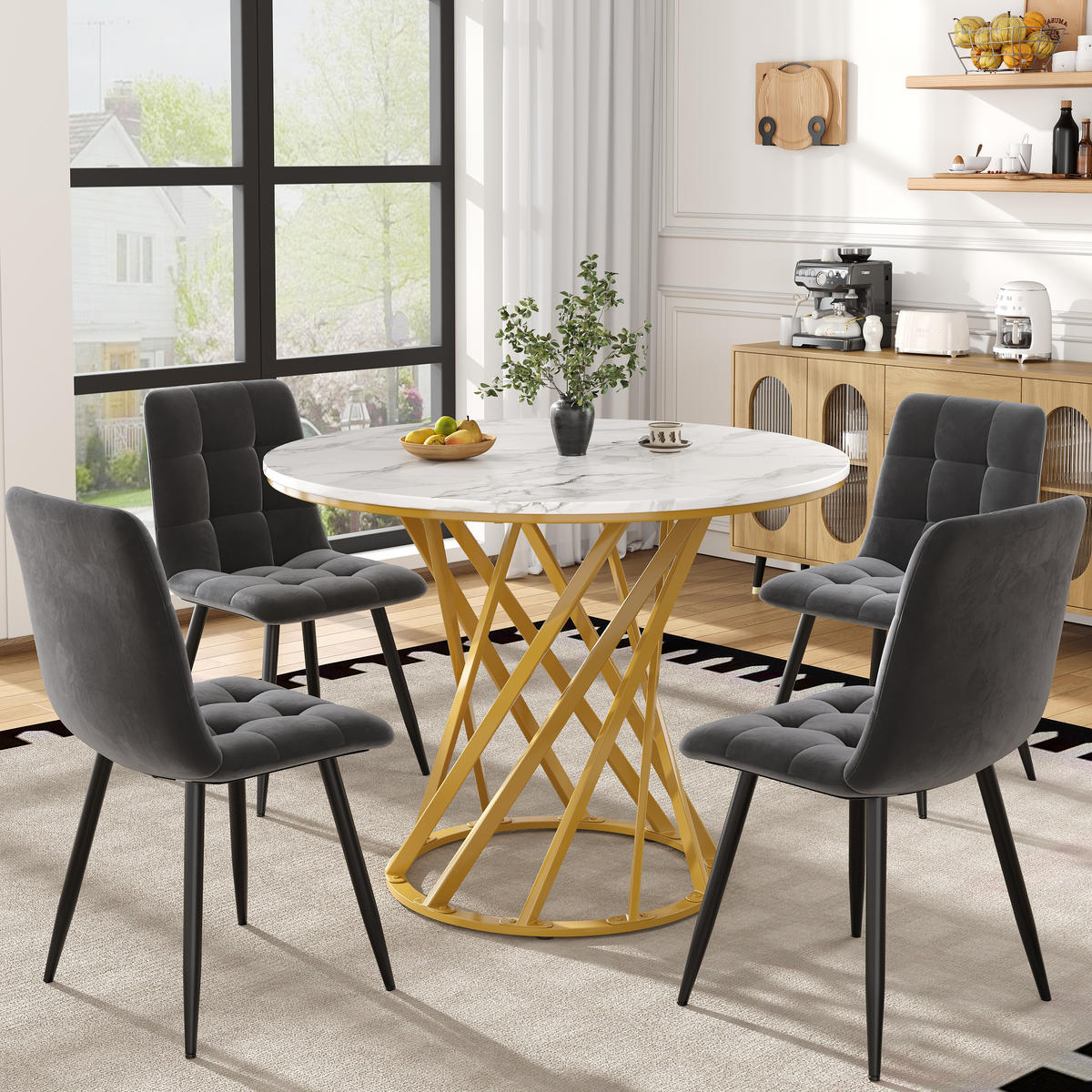 ESSTISCHSET 5-Teilig Rund 80 Cm, Weiße MDF, 4 Dunkelgraue Samtstühle, Gold - Multicolor, Metall (80/76/80cm) - FLIEKS