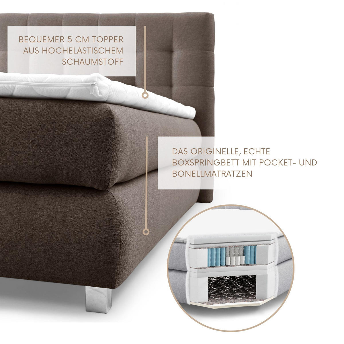 BOXSPRINGBETT Ben mit Pocketmatratze und Bonellmatratze inkl. Topper - Braun, Textil (160/200cm) - AN-Moebel 4u