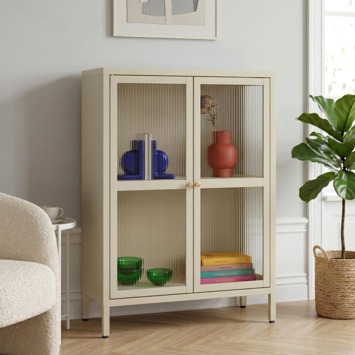 VITRINE Säkylä - Transparent/Beige, Glas/Metall (64/84/35cm) - [en.casa]