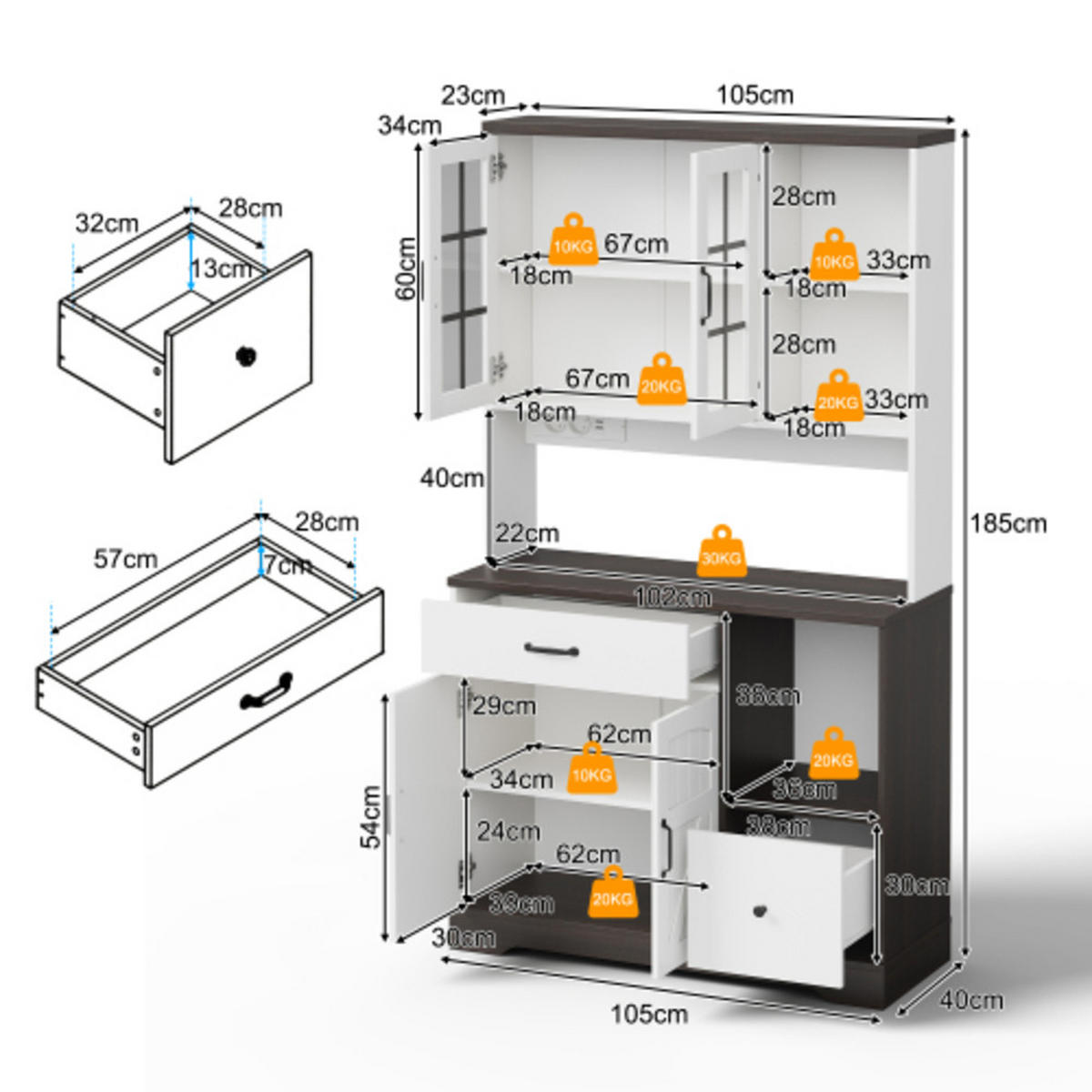 BUFFETSCHRANK Natur-Weiß aus MDF mit APP-LED und integrierter Steckdosenleiste 105 × 40 × 185 cm - Weiß, Holzwerkstoff (150/85/40cm) - Luhomfu