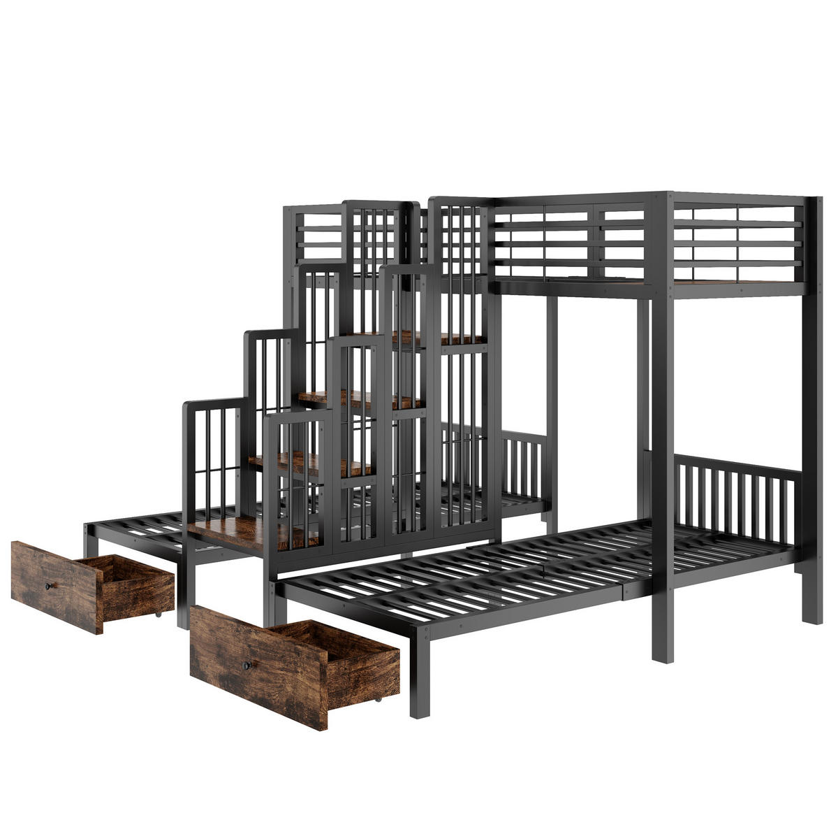 ETAGENBETT aus Metall und Holz 90x200 cm Schwarz mit Treppe, Sicherheitsgeländern und 2 Schubladen - Schwarz, Metall (90/200cm) - Modfu