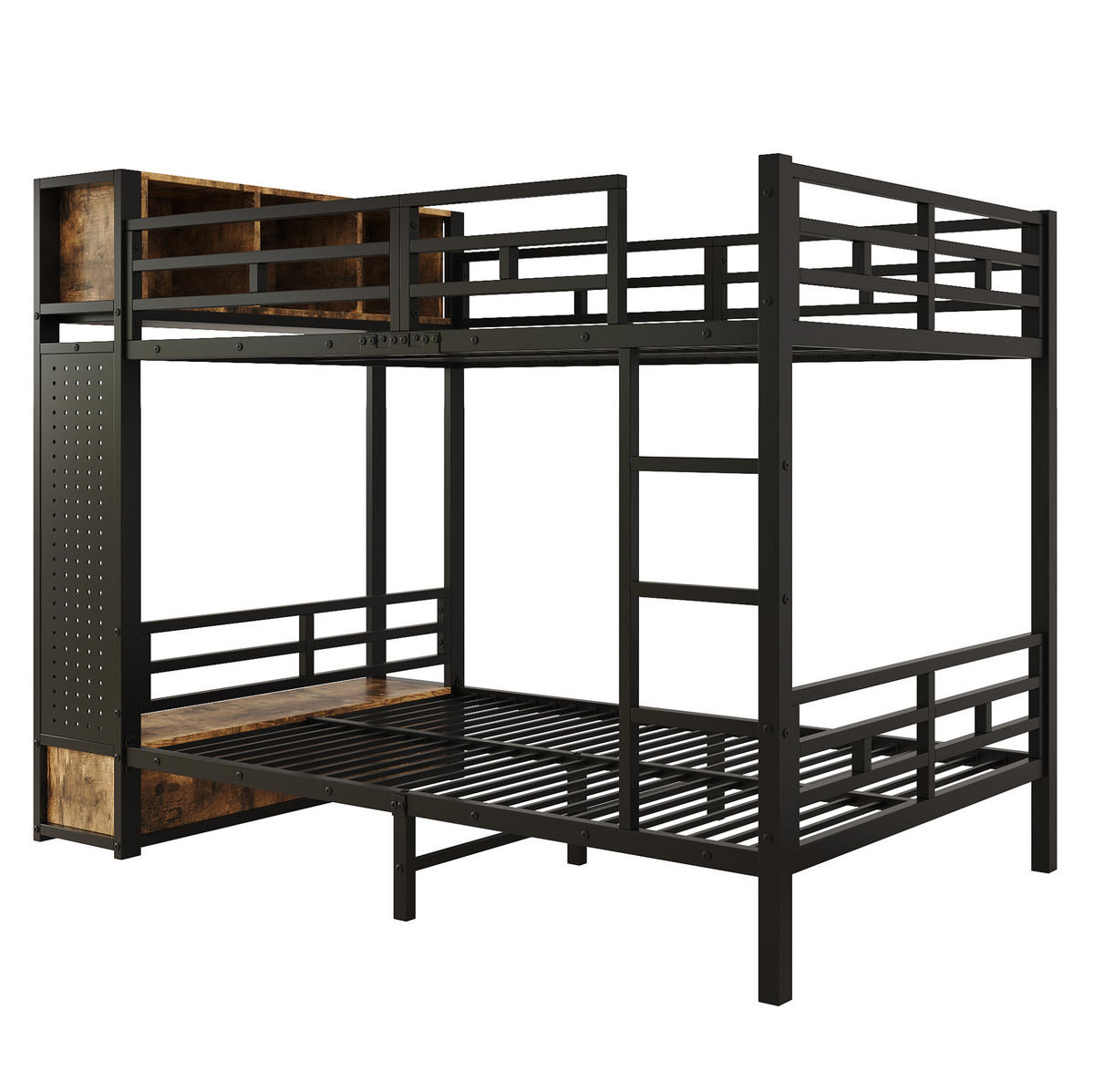 ETAGENBETT aus Metall und Holz 120x200 cm Schwarz/Dunkelbraun mit Stauraum, Kleiderstange, Schublade und Lochwand - Schwarz, Metall (120/200cm) - Modfu