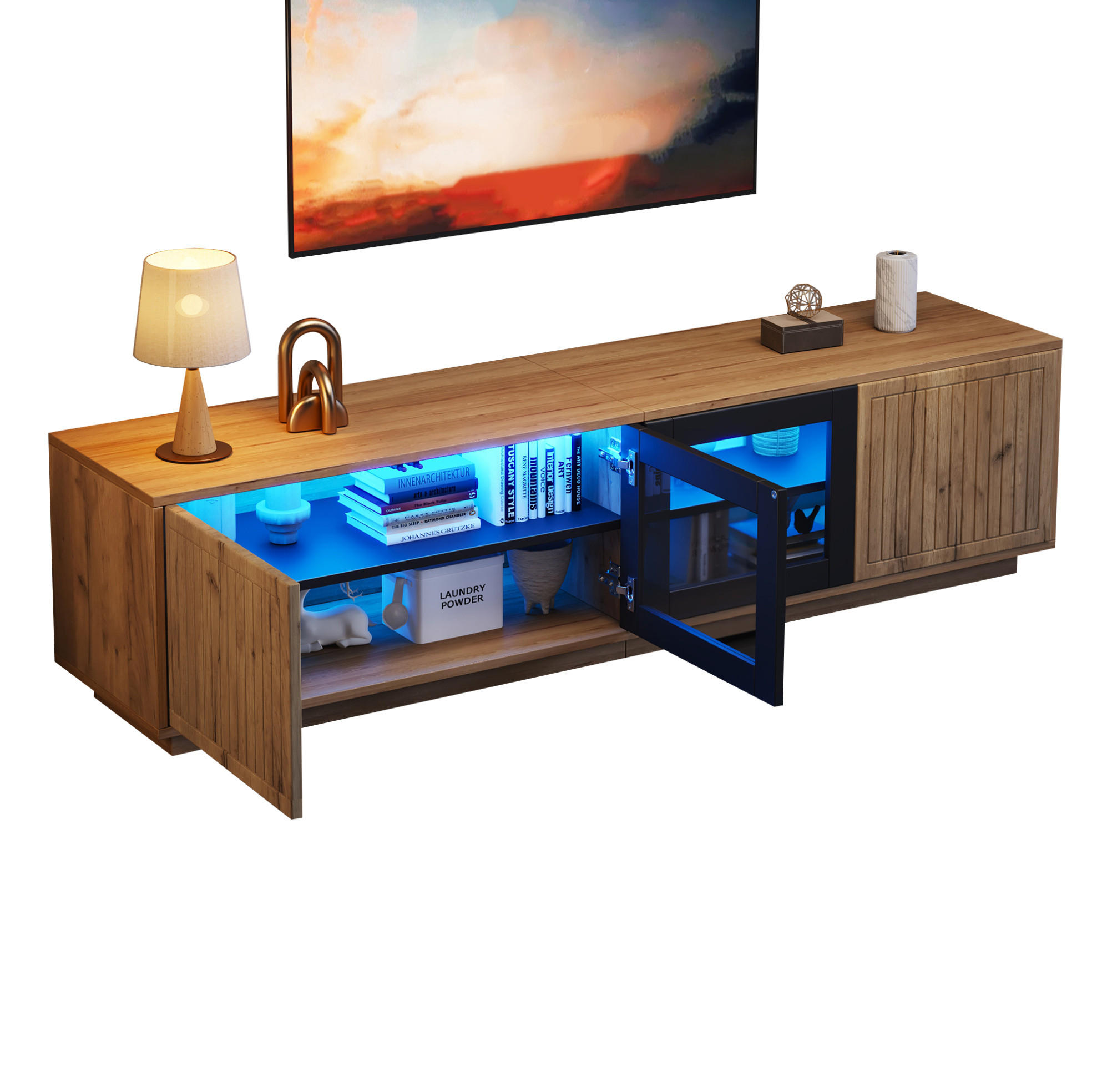 TV-ELEMENT mit LED 180 x 40 x 45 cm Naturholzoptik Schwarz 4 Türen - Braun, Holzwerkstoff (40/45/180cm) - Beauniv