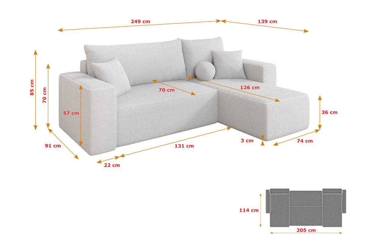 ROHOVÁ SEDAČKA s funkcí spaní, otoman vpravo SENO-L 249x139x85 bílá bouclé - bílá/černá, kompozitní dřevo/textil (249/139cm) - ALTDECOR