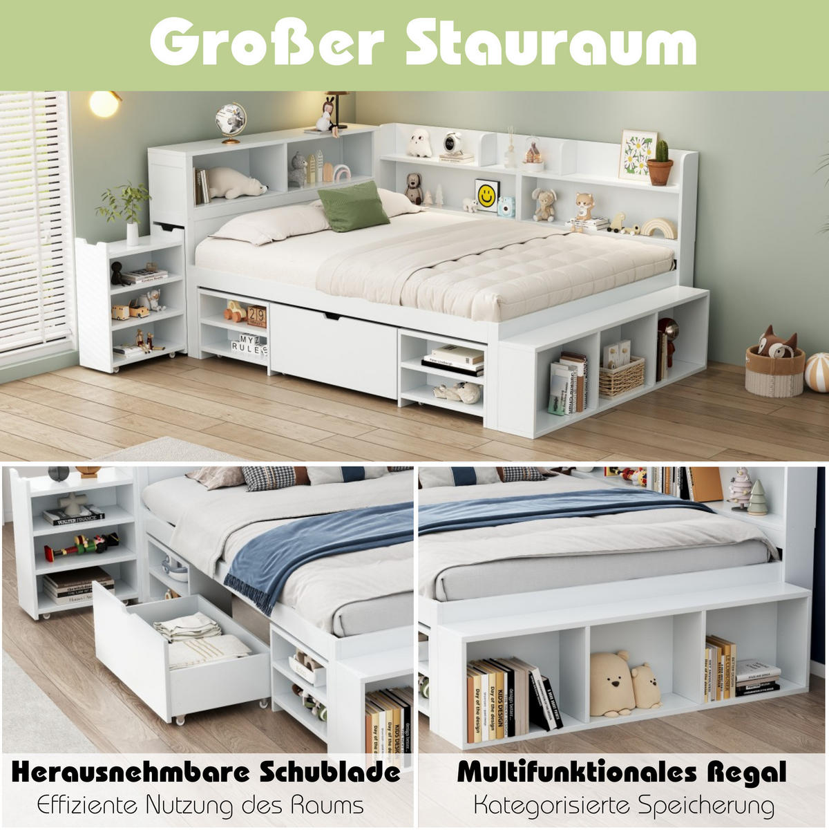KINDERBETT aus Sperrholz 140x200 cm in Weiß mit Schubladen & Stauraum - Weiß, Holzwerkstoff (140/200cm) - Modfu