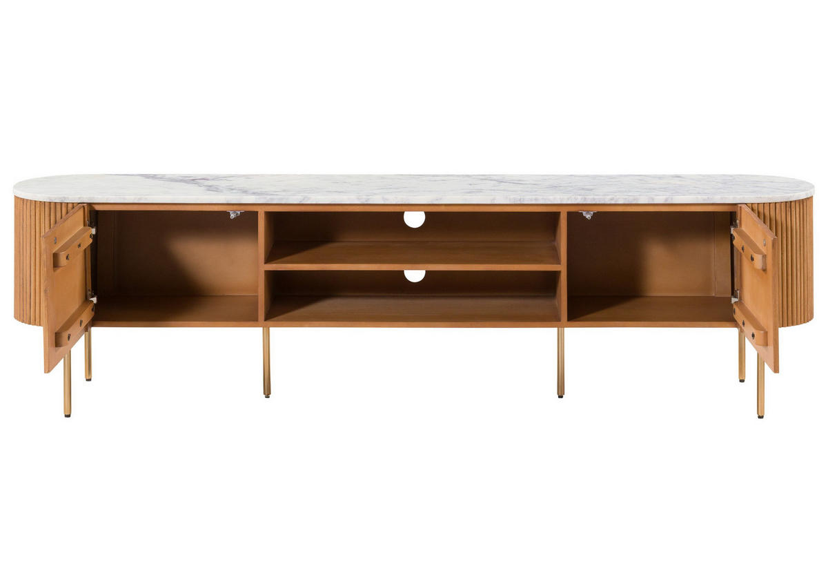 TV-BOARD Mango 200x36x51 natur lackiert / Marmor weiß BARCELONA #510 - Naturfarben/Weiß, Holz (200/51/36cm) - Massivmoebel24