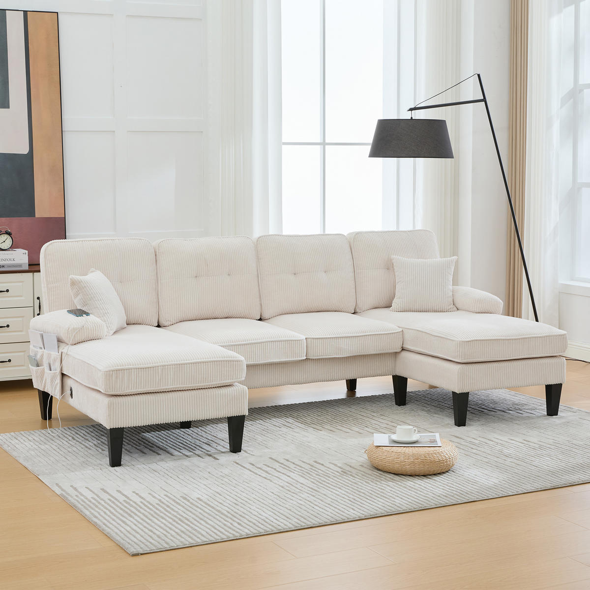 WOHNLANDSCHAFT 250/130/88 cm Beige mit Aufbewahrungsfach und USB/Type-C-Ladeanschluss - Beige, Textil (250/88/130cm) - Oxeza