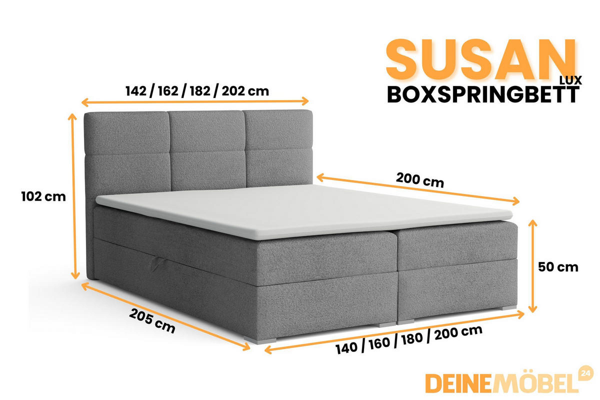 BOXBETT SUSAN LUX 160/200 in Boucle Grau H4 - Grau, Holz/Holzwerkstoff (160/200cm) - Deine Möbel 24