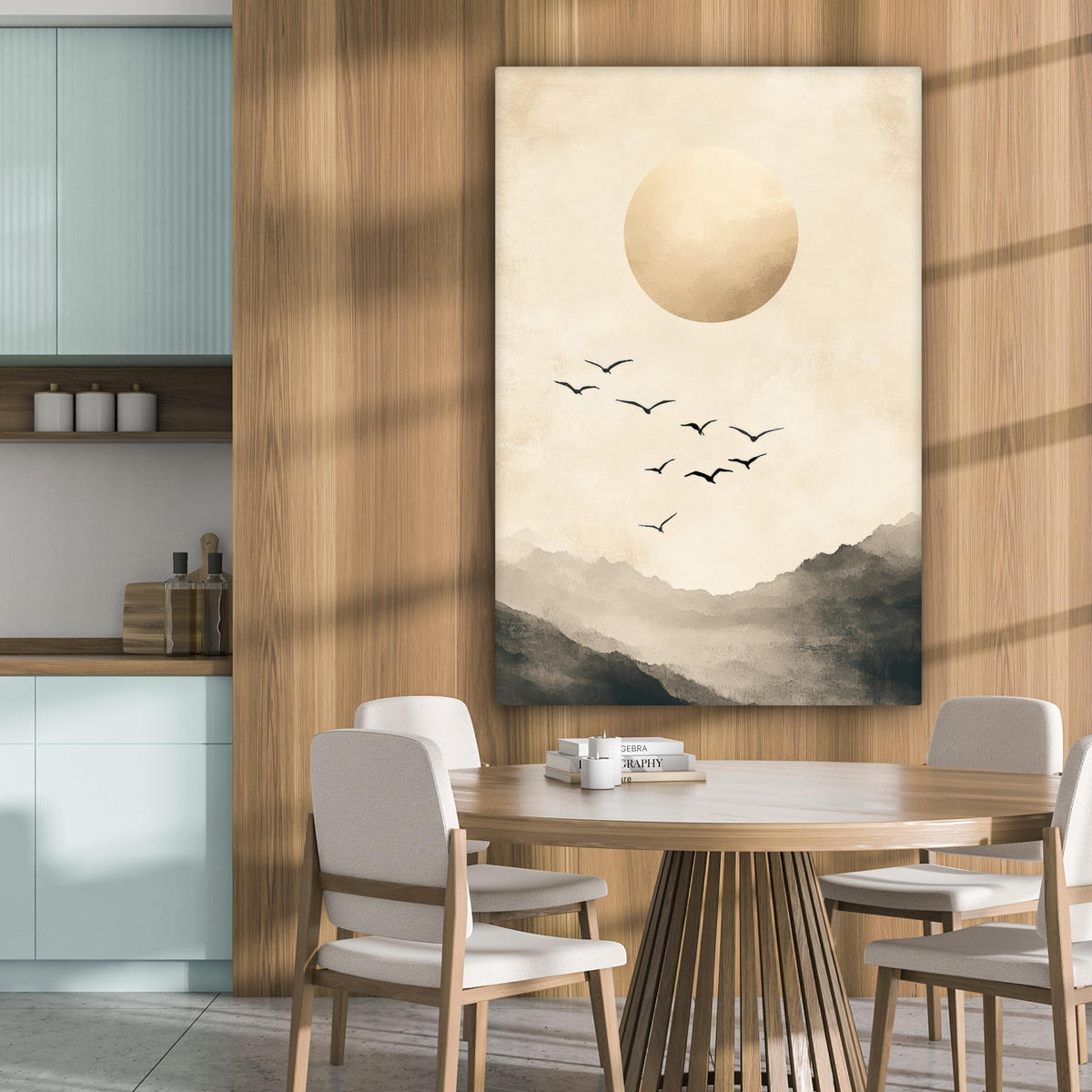 LEINWANDBILD Landschaft - Japandi - Vogel Deko Groß 90x140 cm - Beige, Textil (90/140cm) - MuchoWow