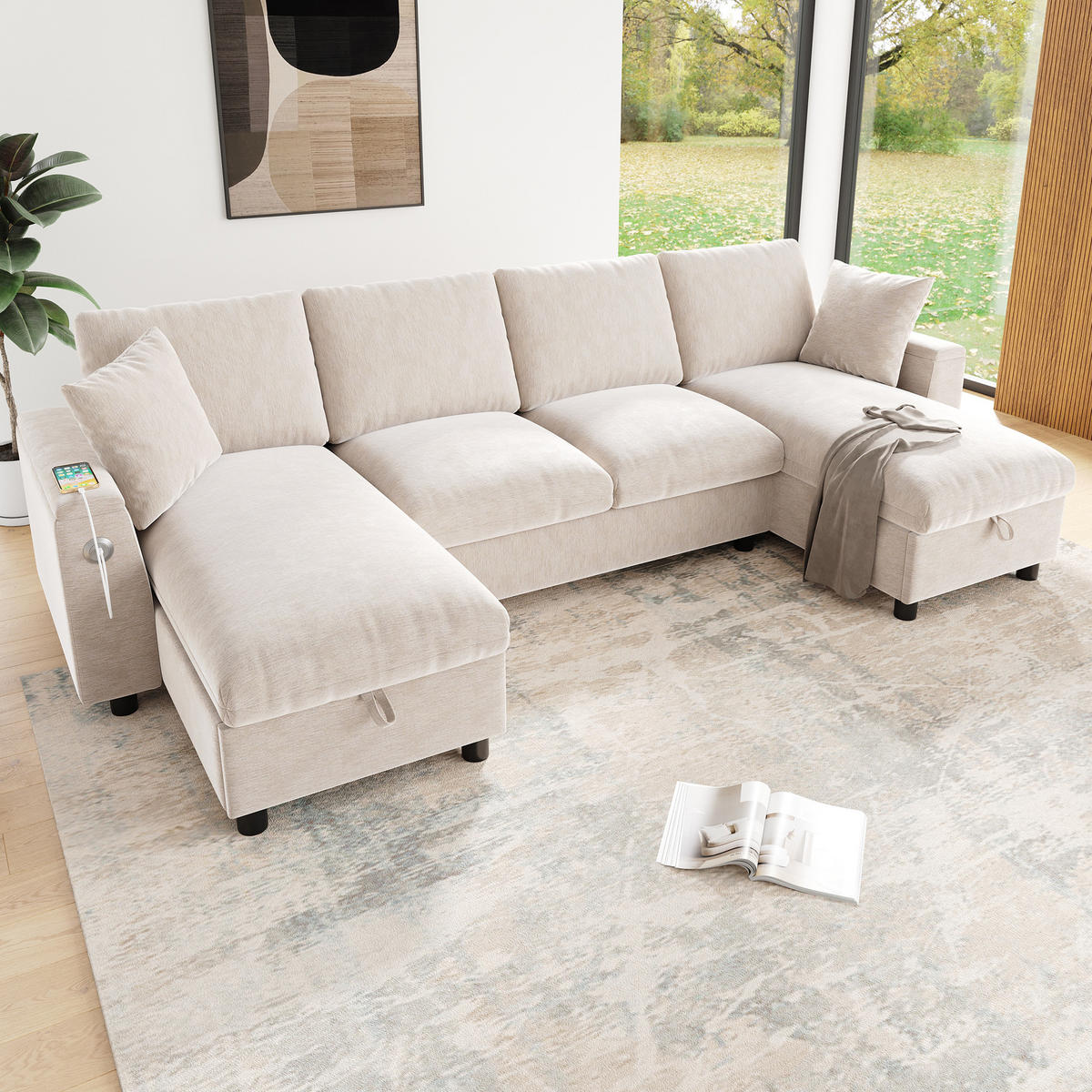 WOHNLANDSCHAFT 284/135/84 cm Beige mit aufklappbarem Stauraum, 1 USB-Anschluss und 1 Type-C-Anschluss - Beige, Textil (135/84/284cm) - Oxeza