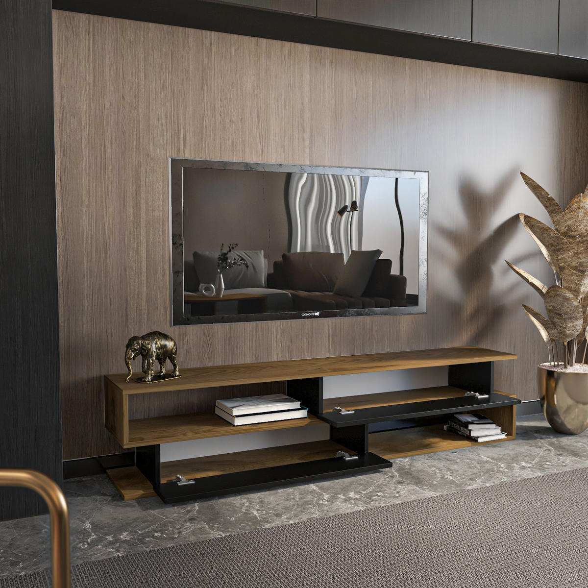 TV-ELEMENT Walnussbraun Schwarz - Walnussfarben/Schwarz, Holzwerkstoff (160/40/35cm) - Decorotika