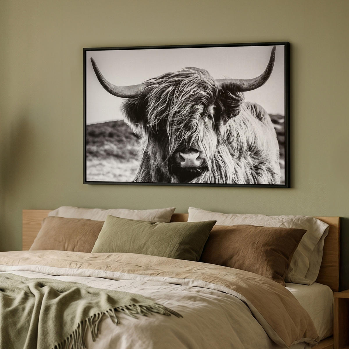 LEINWAND Bilder mit Rahmen - Kuh - Schottischer Hochländer - Schwarz - Weiß - Tier - Natur - Wildtiere - 90x60 - Schwarz, Textil (90/60cm) - MuchoWow