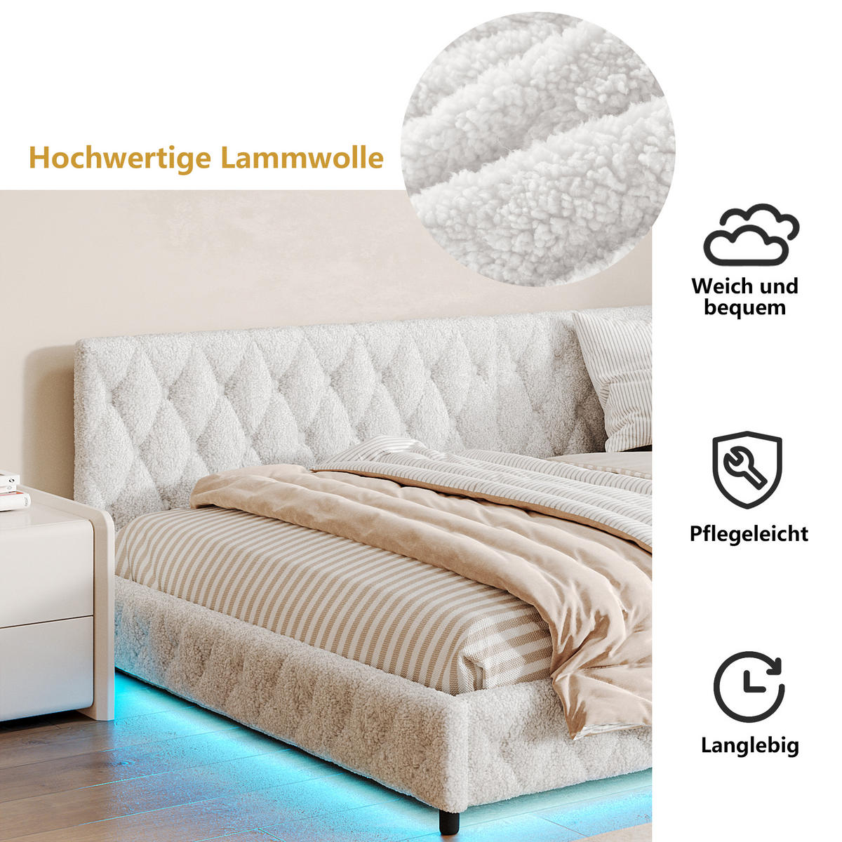 POLSTERBETT 140x200 cm LED USB Teddy Stoff beige - Beige, Holz (140/200cm) - LEBENLANG