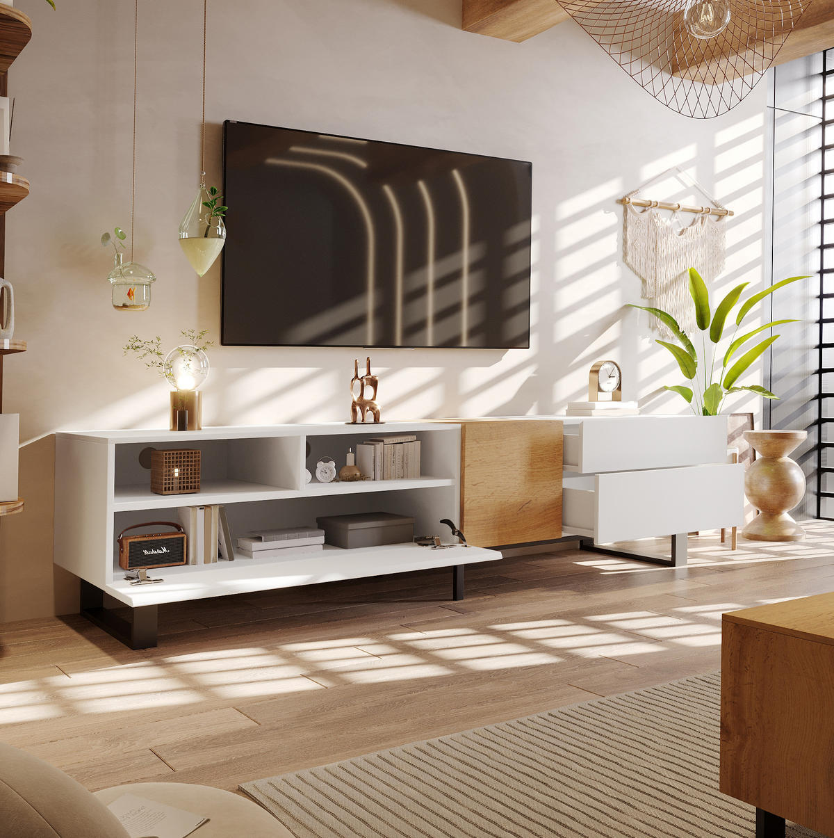 TV-SCHRANK aus MDF 180x38x50 cm Weiß und Holzoptik mit 2 Schubladen, 2 Türen und offenen Fächern - Weiß, Holzwerkstoff (180/50/38cm) - Modfu