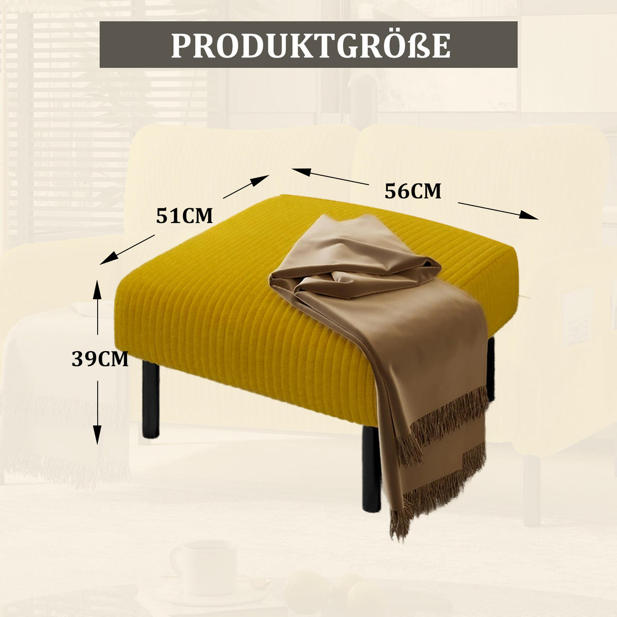 HOCKER Cord Gelb - Gelb, Textil/Metall (56/39/51cm) - WISHDOR
