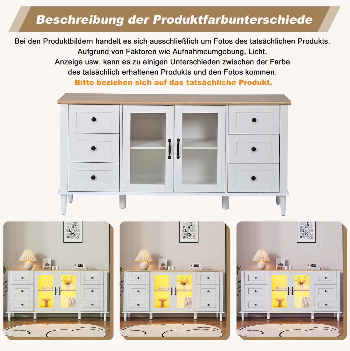SIDEBOARD 150/40/75 cm mit 6 Schubladen, 2 Acryltüren und LED-Beleuchtung, Weiß/Holzton - Weiß, Holzwerkstoff (150/75/40cm) - Redom
