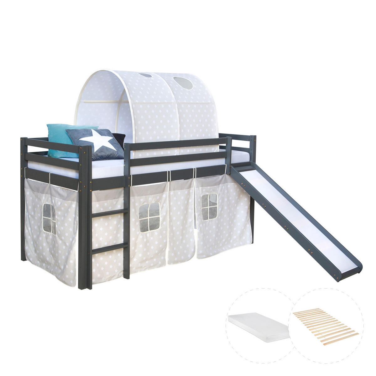 HOCHBETT 90/200 in grau mit Lattenrost + Matratze - Grau, Holz (90/200cm) - Homestyle4u