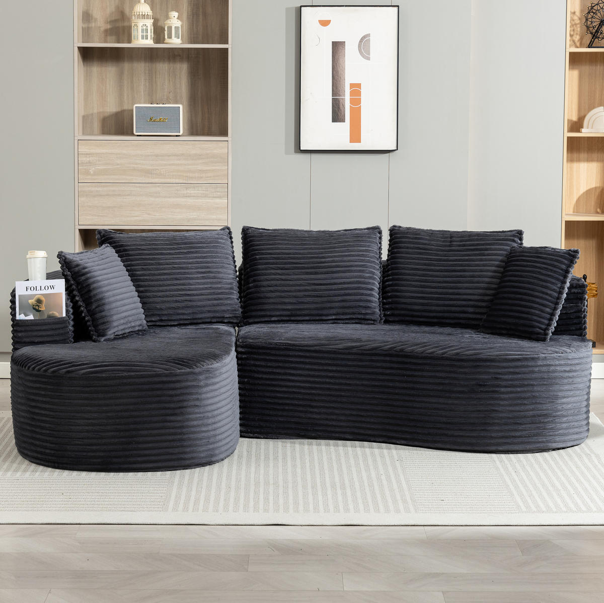 SOFA mit Getränkehaltern und Seitentaschen 250 x 152 cm Cord Dark Gray - Dunkelgrau, Textil (152/250cm) - Meubliv