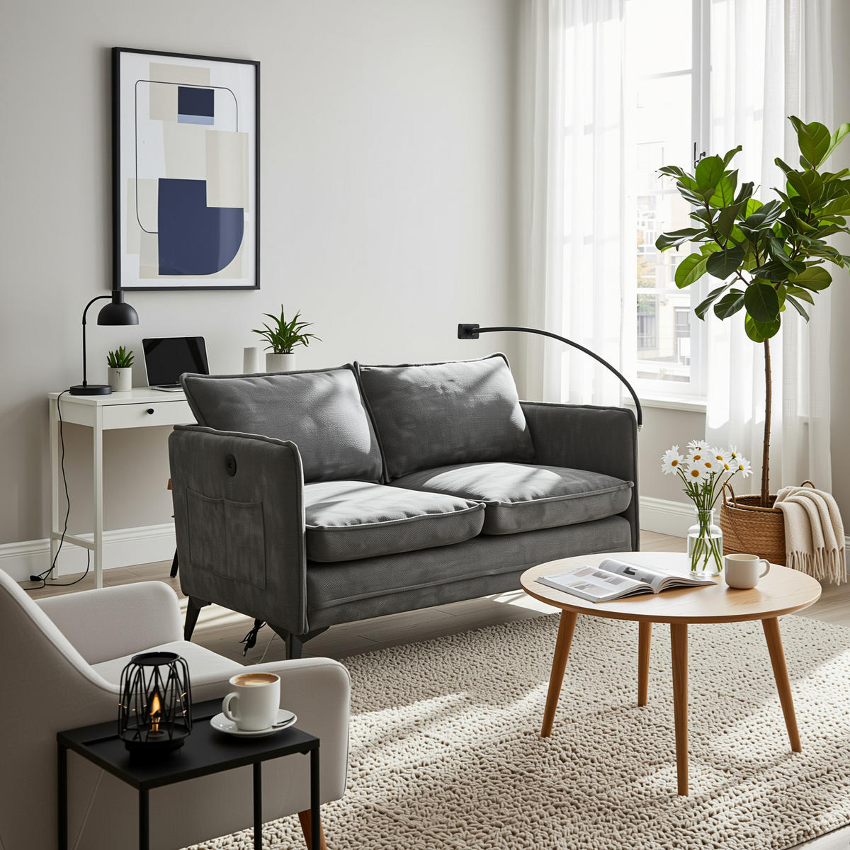 2-SITZER SOFA Chenille Mit Handy-Halter & Seitentaschen - Grau, Textil (127/66/69cm) - Urban Meuble