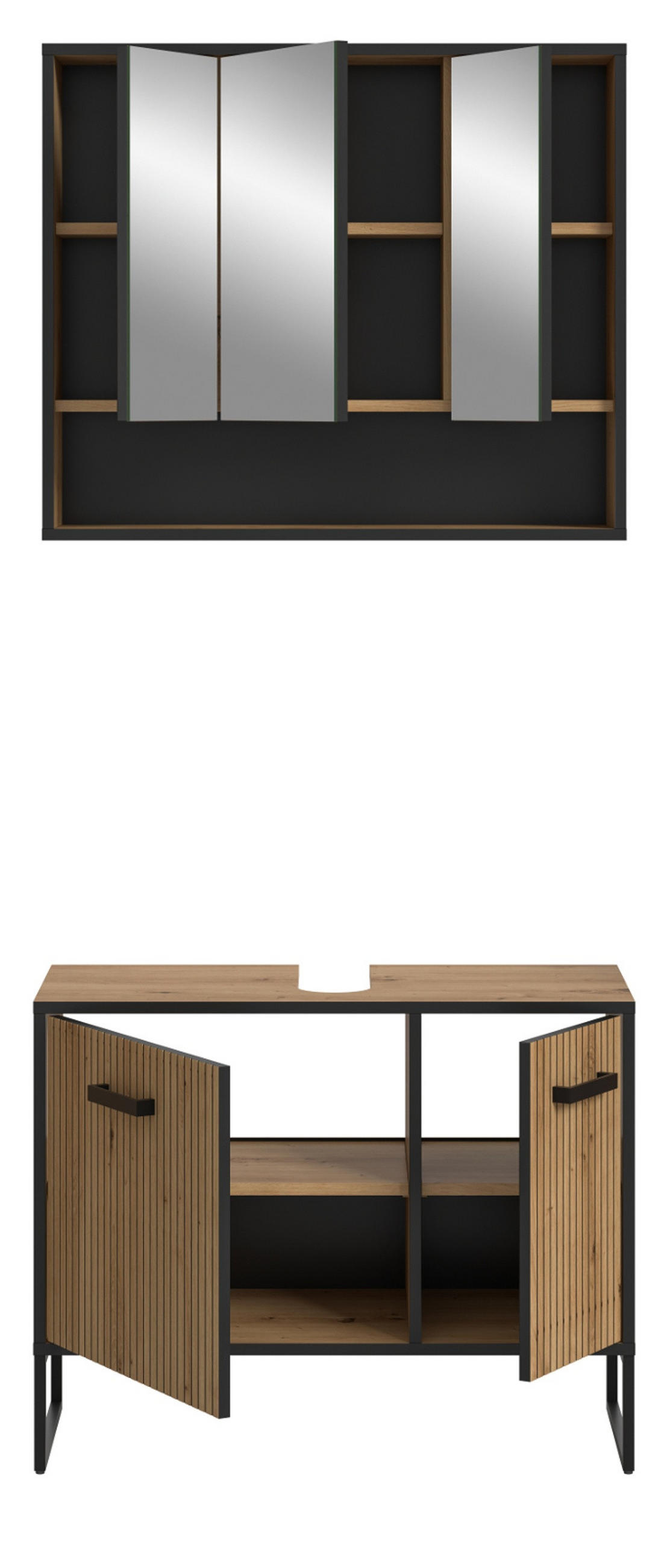 BADMÖBEL-SET 2-teilig Eiche Artisan, schwarz 80 cm, Badkombination mit Soft-Close - Schwarz/Eiche Artisan, Glas/Holzwerkstoff (80/192/36cm) - Inn.Furn