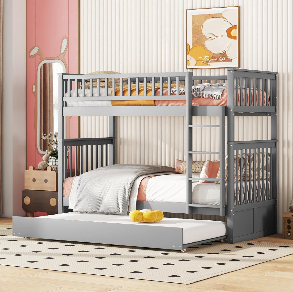 ETAGENBETT aus Kiefernholz und MDF 90x200 cm Grau mit Ausziehbett und Treppe - Grau, Holzwerkstoff (90/200cm) - IVMEU