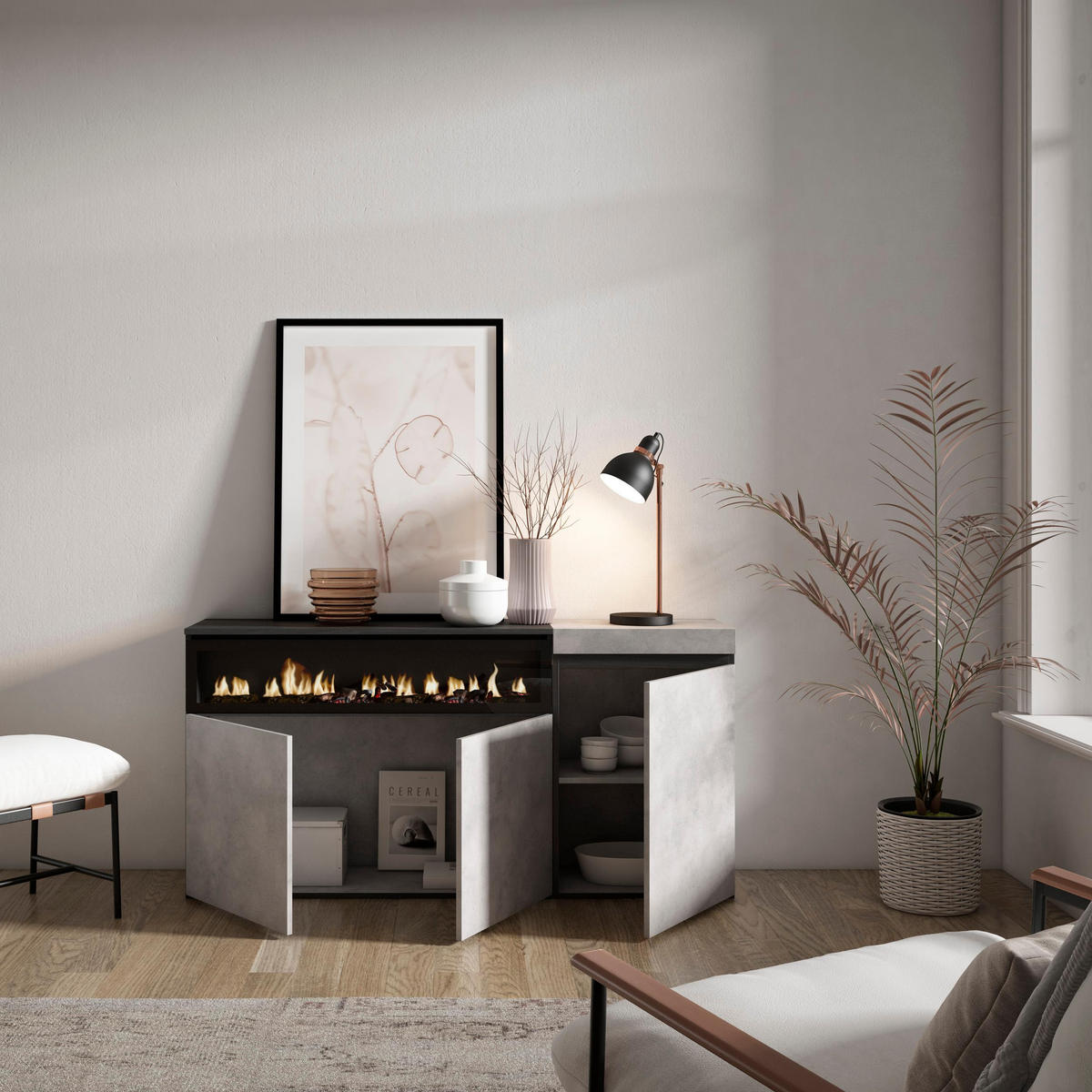 SIDEBOARD Elektrokamin, zementgrau, 150/35/75cm - Grau, Holzwerkstoff (150/75/35cm) - Skraut Home