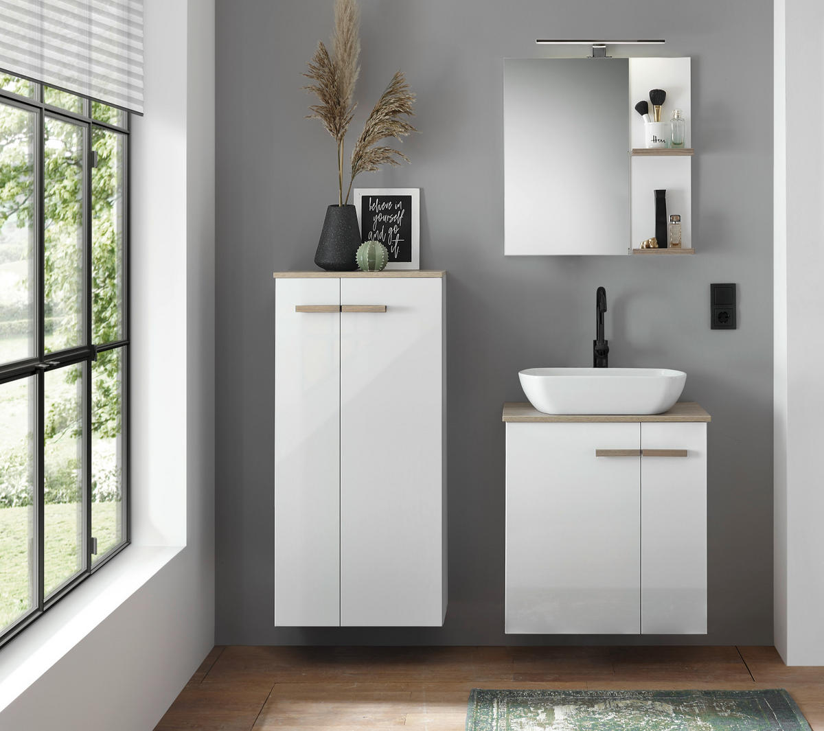 BADMÖBEL-SET weiß Hochglanz Lack, Eiche, Badkombination MIT Waschbecken, Badlampe 130 x 200 cm hängend, stehend - Weiß Hochglanz/Eichefarben, Holzwerkstoff (130/200/40cm) - Furn.Design