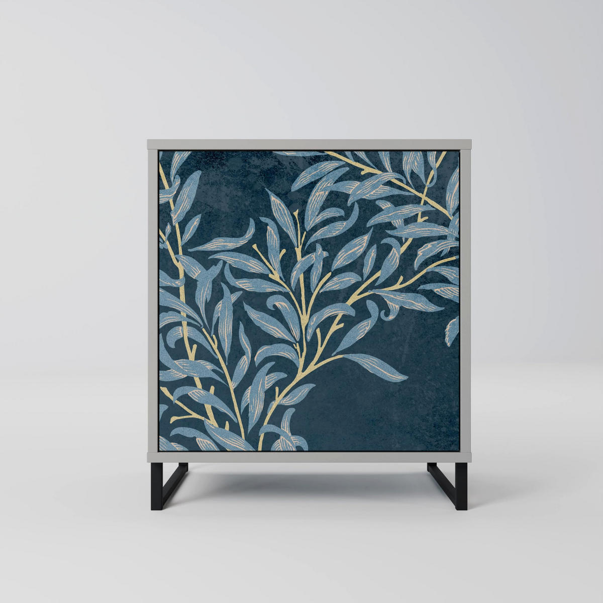 SIDEBOARD BLUE LEAVES, Grau, 57,5x42x72,5 cm, Schwarze Metallfüße - Multicolor/Schwarz, Holzwerkstoff/Metall (57.5/72.5/42cm) - SpaceRebels