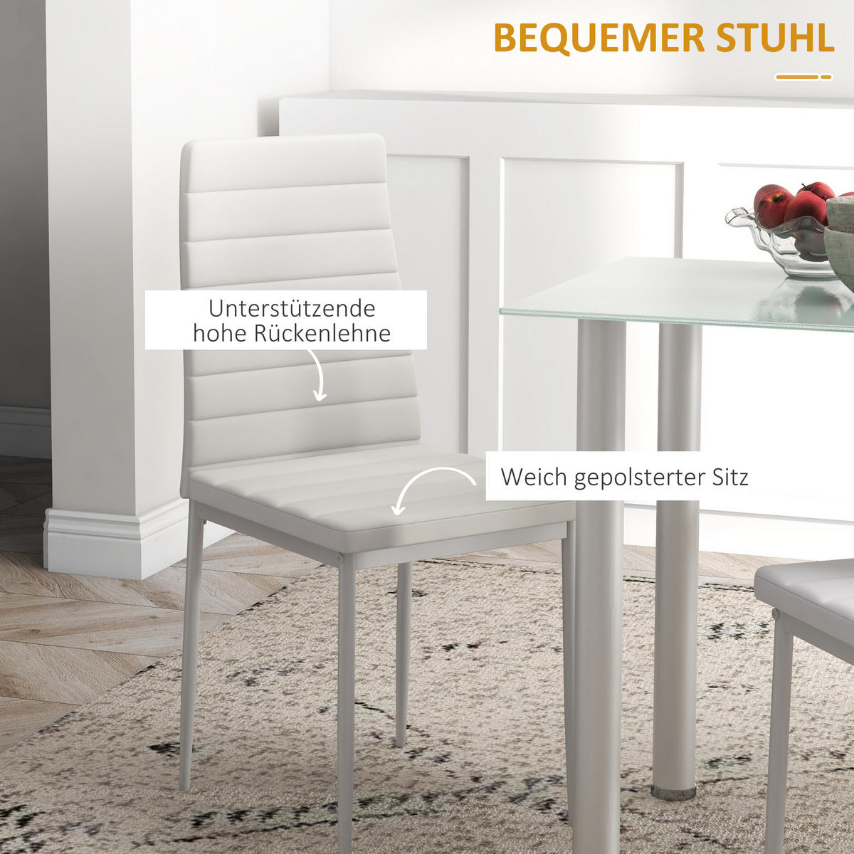 5-TLG. Essgruppe, Esstisch mit 4 Stühlen, Küchentisch mit Hartglasplatte Weiß - Weiß, Kunststoff (60/97/120cm) - HOMCOM