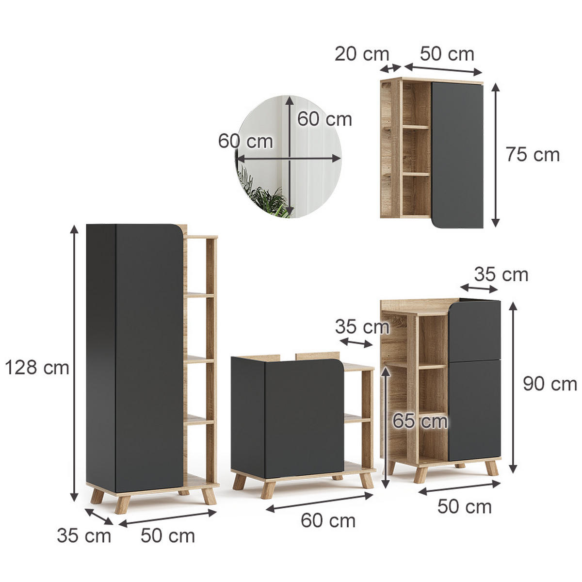 BADMÖBEL-SET Karen Anthrazit 5 Teile - Anthrazit/Sonoma Eiche, Holzwerkstoff (60/65/35cm) - Vicco