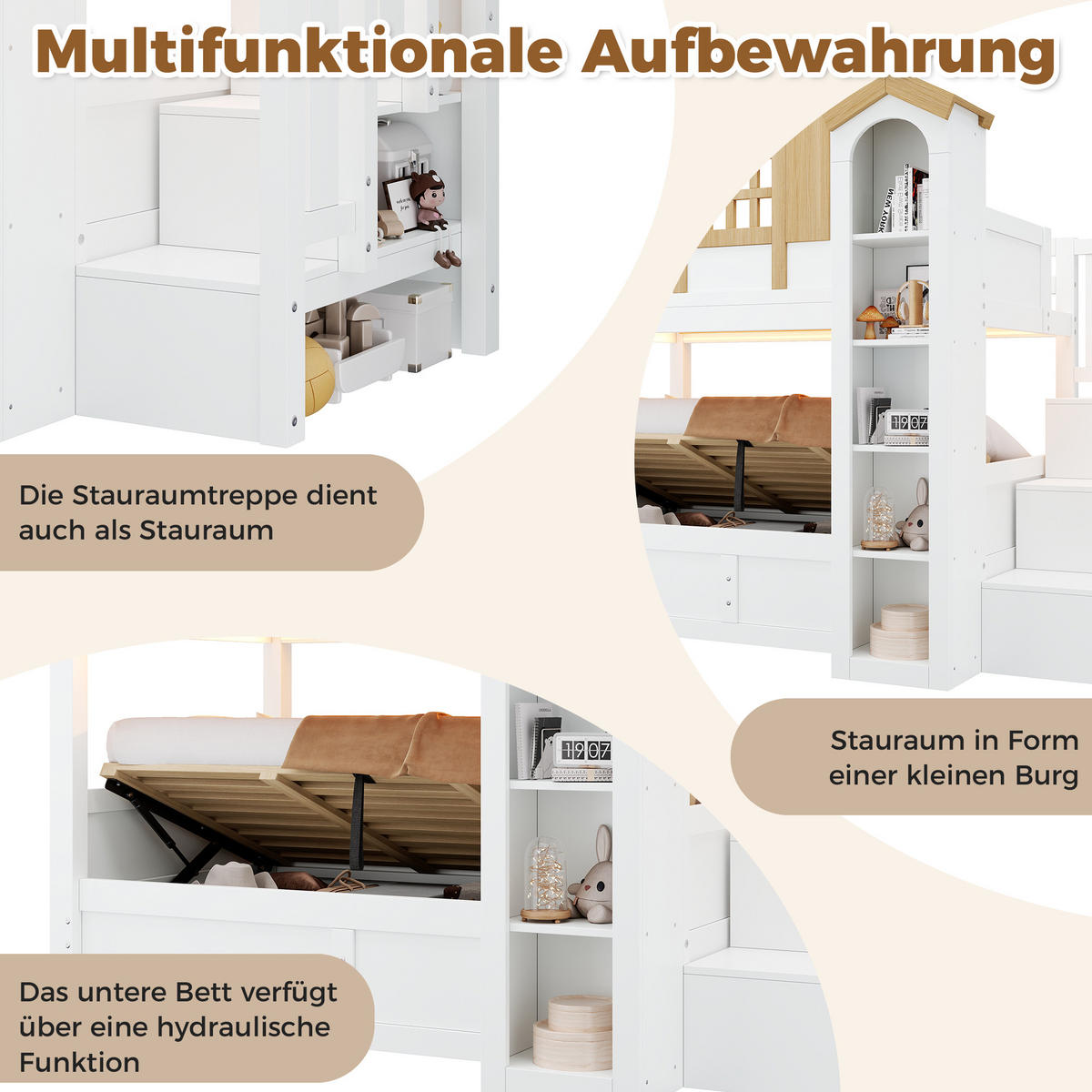 ETAGENBETT Massivholz LED Stauraumtreppe 90x200 Hausbett Weiß - Weiß, Holz - FLIEKS
